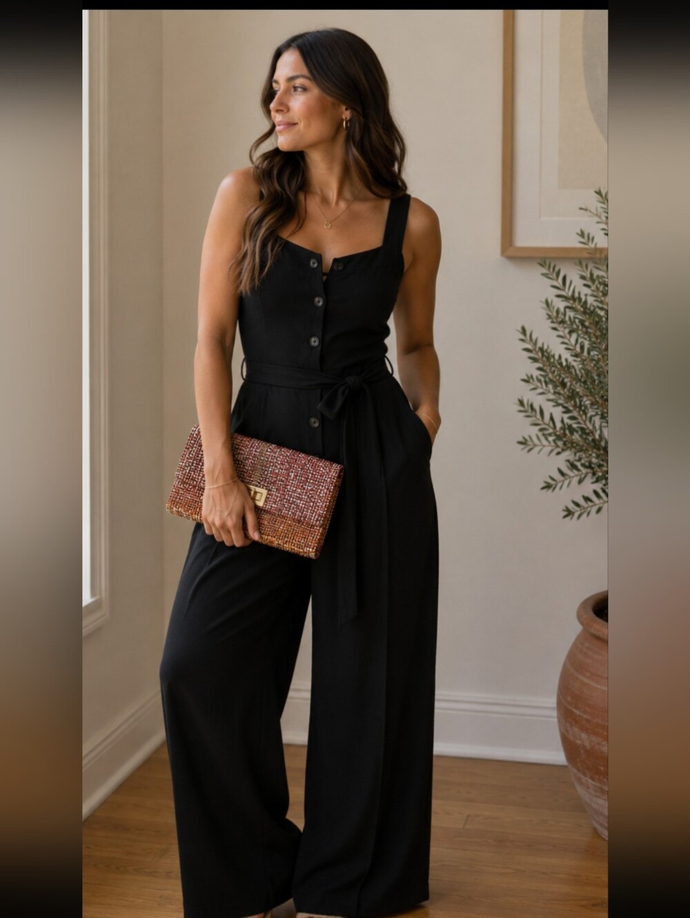 Sleeveless Black Button-Front Jumpsuit with Tie Waist